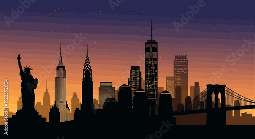 New York City Skyline Silhouette at Dusk Iconic Landmarks and Urban Panorama