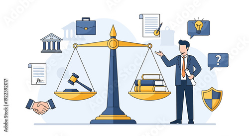 Legal concept illustration of justice scale with law books, gavel, handshake, and courthouse