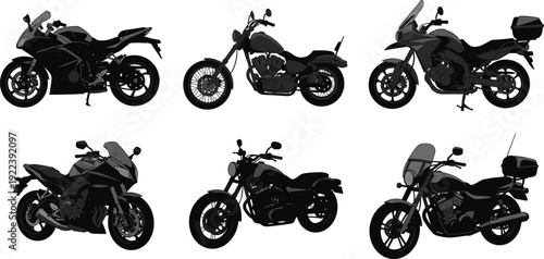 Set of six black motorcycle illustrations in various designs, including sportbike, cruiser, touring, and chopper styles, isolated on a clean white background for automotive vector graphics