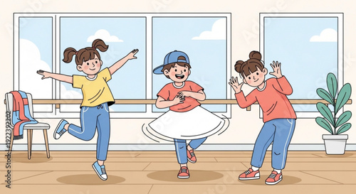 Three children dancing in a studio with windows and a plant joyful kids in casual clothes