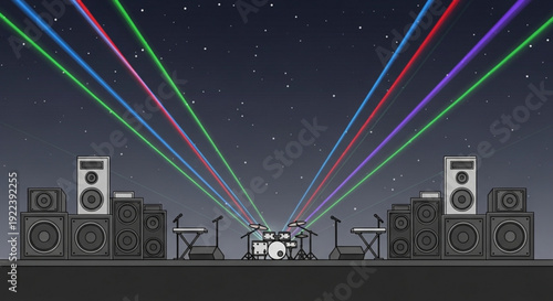 Concert stage with colorful laser beams and speakers at nighttime music festival