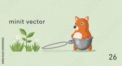 Adorable cartoon dog in metal colander with handle standing beside blooming flowers on light green background vector illustration
