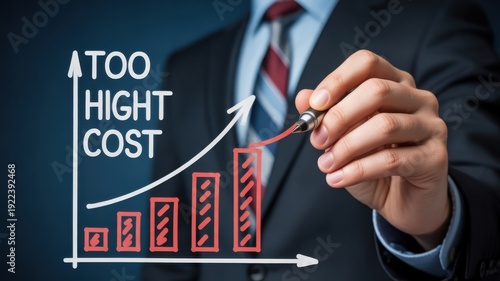Professional drawing a rising trend chart with too high cost text depicting economic challenges