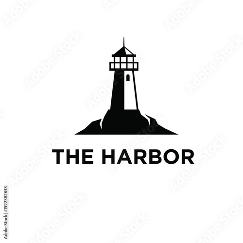 Minimalist Black and White Lighthouse Logo with "The Harbor" Text