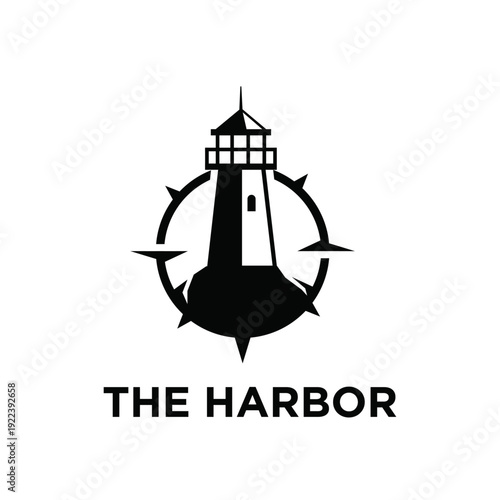 Black Lighthouse and Compass Rose Logo for Maritime Navigation and Harbor Business
