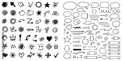 A collection of abstract black ink brushstrokes and scribbles on a plain white background