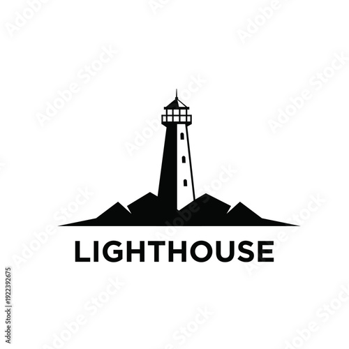 Black and White Minimalist Lighthouse Logo Design on a Rocky Silhouette