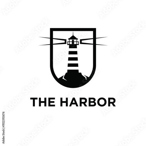 Minimalist Lighthouse Logo within a Shield with "THE HARBOR" Text, Representing Maritime and Coastal Guidance