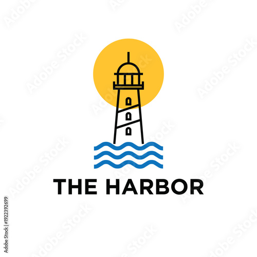 Lighthouse with sun and waves minimalist flat design logo for 'The Harbor' brand, vector graphic symbol for maritime navigation.