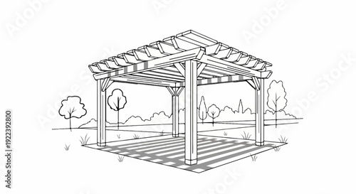 Stylized line drawing of an open wooden pergola with leafy trees in background