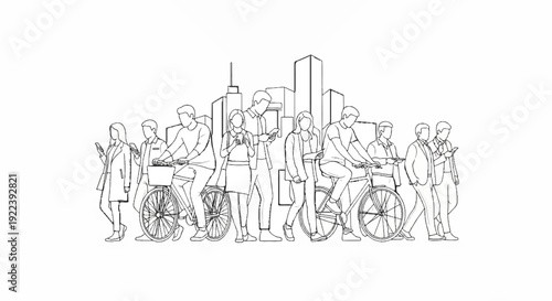 Stylized line drawing of diverse urban commuters on bicycles and foot, engrossed in their phones