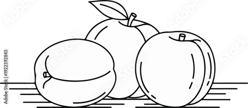 Stylized line drawing of three fresh fruits with stems and leaves