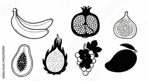 Stylized line drawings of seven distinct fruits arranged on a white background