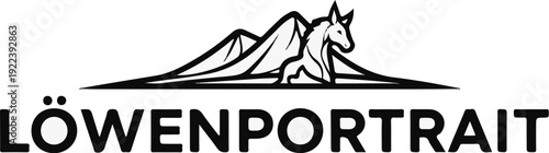 Stylized lion figure silhouetted against mountain peaks, text below