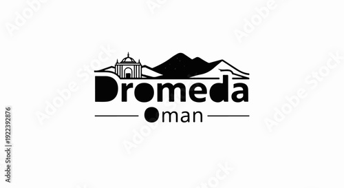 Stylized logo featuring building, mountains, and text