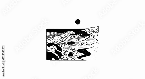 Stylized ocean waves crash onto a rocky shore under a dark sun