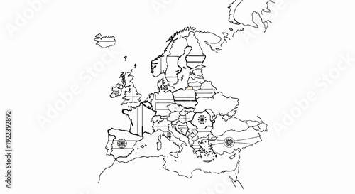 Stylized map of Europe with country outlines and symbolic circular emblems