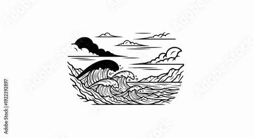 Stylized ocean waves crash against a rocky shore under a cloudy sky