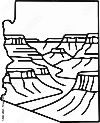 Stylized outline of a canyon landscape within state borders