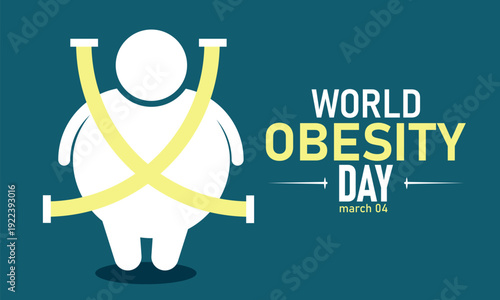 World Obesity Day, March 4 Vector, Scale Apple Heart, Blue Ribbon Awareness Poster, Flat Design Weight Loss Obesity Prevention Health Banner Illustration Stock Graphic