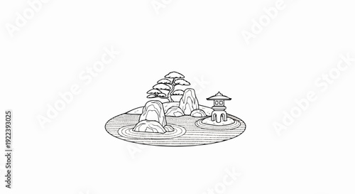 Stylized monochrome illustration of a serene rock garden with a tiered lantern