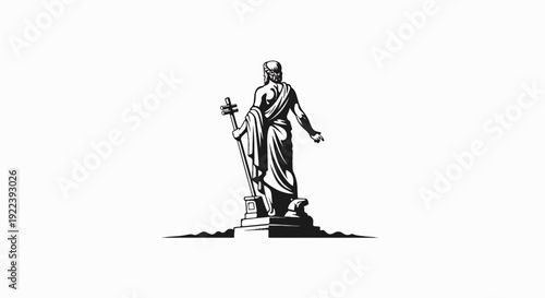 Stylized monochrome illustration of a robed figure holding a staff
