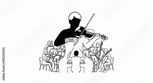 Stylized outline of a conductor leading an orchestra with a giant violinist in the background