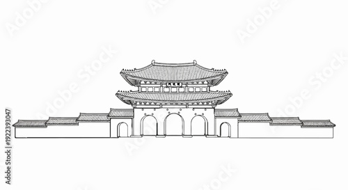 Stylized monochrome sketch of an ornate multi-tiered gate structure