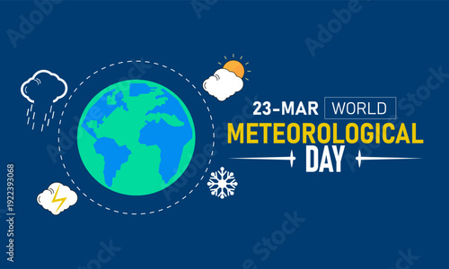 World Meteorological Day, March 23 Vector, Weather Cloud Rain Sun, Blue Ribbon Awareness Poster, Flat Design Climate Forecast Meteorology Banner Illustration Stock Graphic