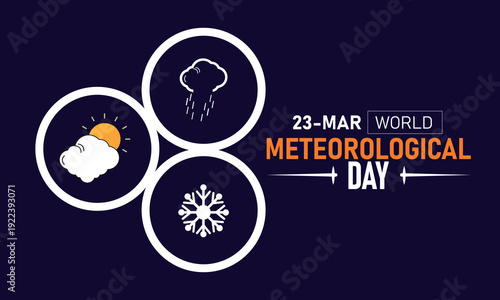 World Meteorological Day, March 23 Vector, Weather Cloud Rain Sun, Blue Ribbon Awareness Poster, Flat Design Climate Forecast Meteorology Banner Illustration Stock Graphic
