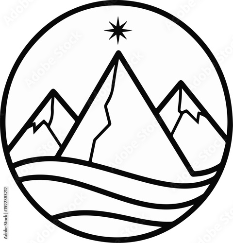Stylized mountain peaks under a star, with water below, enclosed in a circle