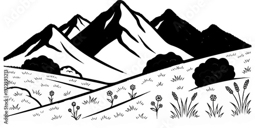 Stylized mountain peaks with a rolling, grassy foreground dotted with flowers and bushes