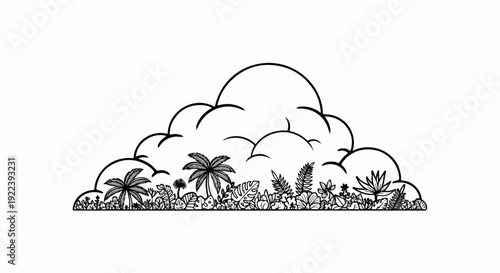 Stylized outline of a tropical foliage border beneath fluffy clouds