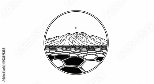 Stylized mountain range and hexagonal terrain beneath a celestial body within a circle
