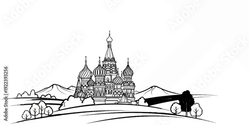 Stylized sketch of iconic church with onion domes, trees, and hills