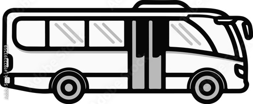 Stylized outline of a white bus with black outlines and grey window accents