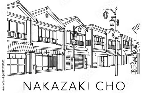 Stylized sketch of old shops and streetlights on a historic street