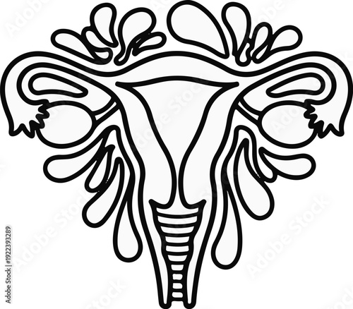 Stylized outline of female reproductive system with ornate, fluid-like appendages