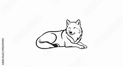Stylized outline sketch of a content-looking wolf lying down on a white background