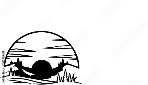 Stylized sunset over water with a lone figure resting