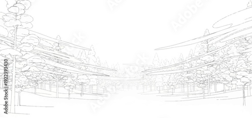 Stylized outline sketch of a forest path with ethereal wisps above trees