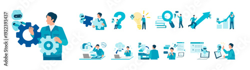 AI Powered Industrial Worker Illustration Set Featuring Voice Assistance, Document Summarization and Workflow Efficiency in Modern Field Operations