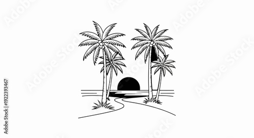 Stylized sunset scene with palm trees and a winding path leading to the ocean