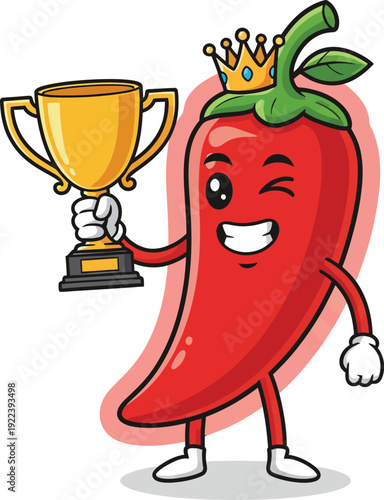 Spicy red chili pepper character with a happy expression holds up a gold winner trophy cup while winking on a plain white background.