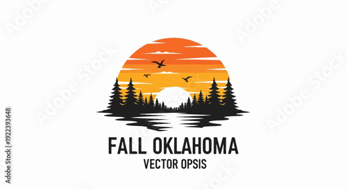 Sunset over water with trees and birds, orange sky, reflective surface