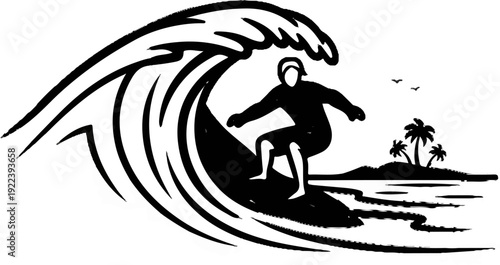 Surfer rides a massive wave near a tropical island with palm trees and birds