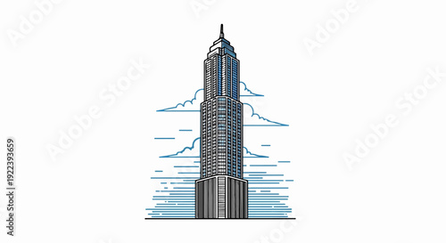 Stylized tall building with stepped design, surrounded by abstract clouds and horizontal lines