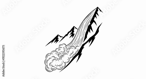 Stylized mountain slope with cascading water and cloudburst