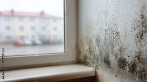 Black mold and damp patches spreading on a white wall next to a window in an apartment