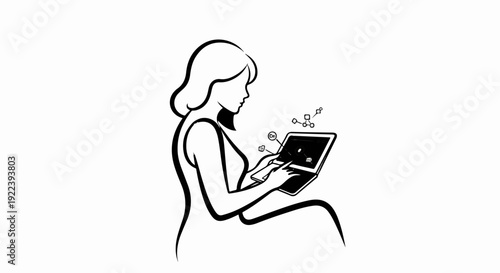 Stylized person uses laptop, interacting with abstract digital information